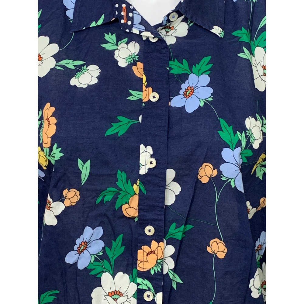 Talbots Petite Navy Blue Floral 100% Cotton Button Down Shirt Blouse - Picture 2 of 9